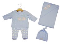 TAKE ME HOME4PCS-JACKET L/S + FOOTED PANTS+HAT+HOODED BLANKET 2PLY
100%COTTON  INTERLOCK SOLID BLUE & PRINTED
